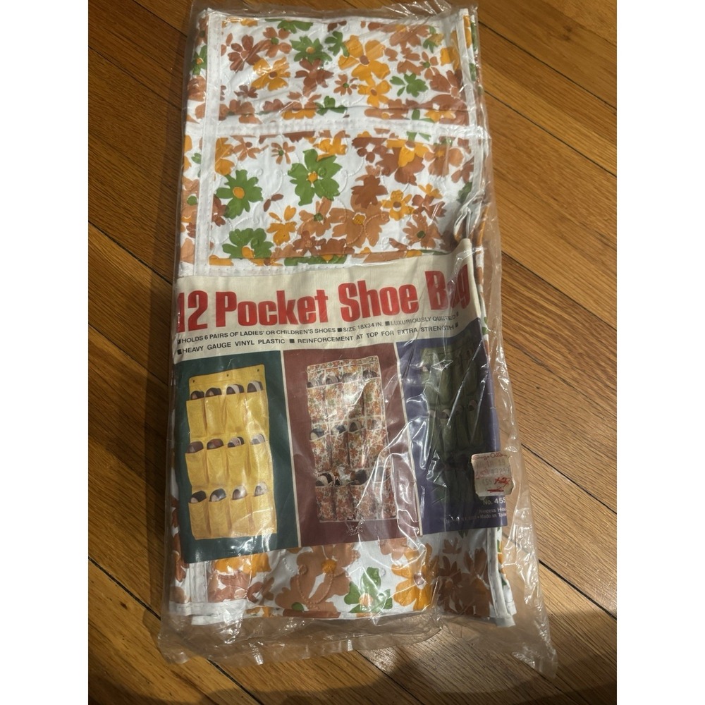 Vintage 12 Pocket Hanging Shoe Bag‎ Quilted Flower Power Mod retro NEW 60s/70s